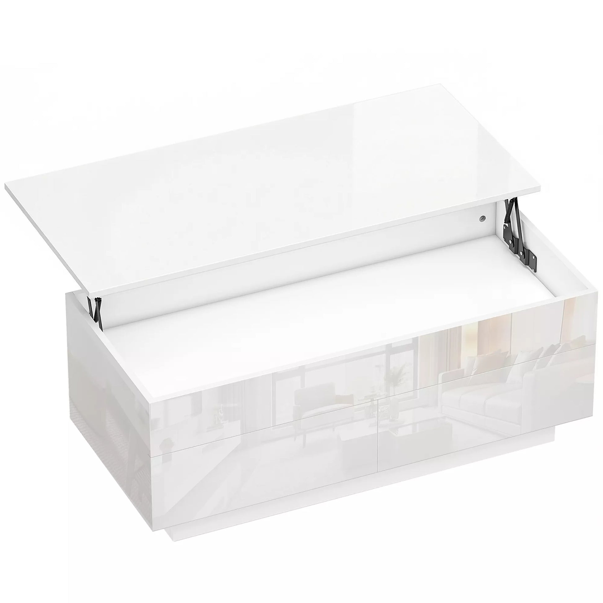 Kavos staliukas reguliuojamas, modernus svetainės baldas su paslėpta daiktų saugykla ir 2 stalčiais, mdf balta blizgi plokštė, 100x50x45 cm