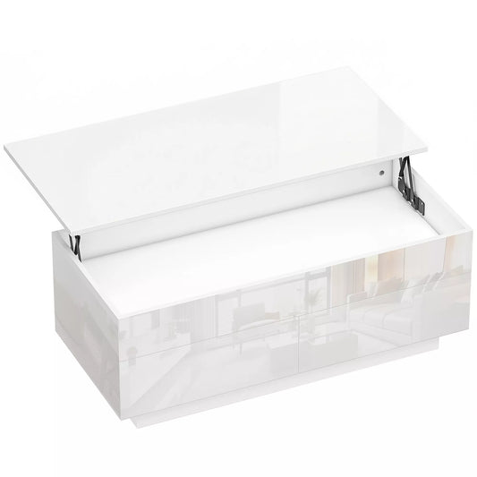 Kavos staliukas reguliuojamas, modernus svetainės baldas su paslėpta daiktų saugykla ir 2 stalčiais, mdf balta blizgi plokštė, 100x50x45 cm