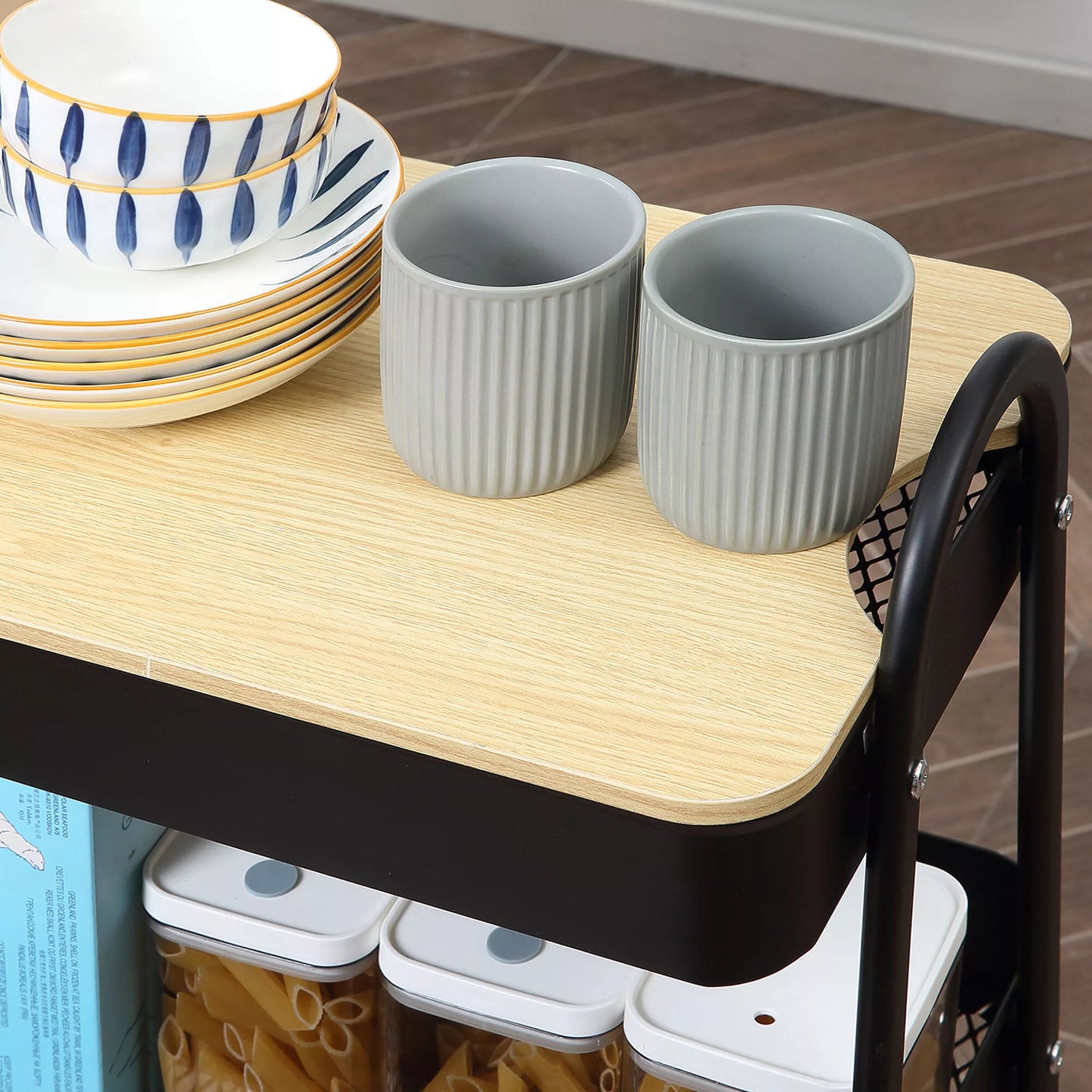 Vežimėlis, serviravimo vežimėlis su 3 krepšio lentynomis, metalas, plastikas, juodas