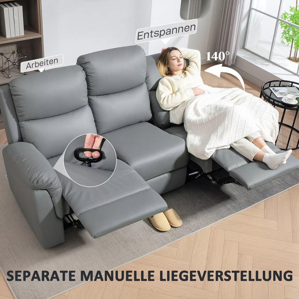 3 vietų sofa, kairė ir dešinė sėdynės atlenkiamos, reguliuojama atrama kojoms, dirbtinės odos apmušalas, skirta svetainei, tamsiai pilka