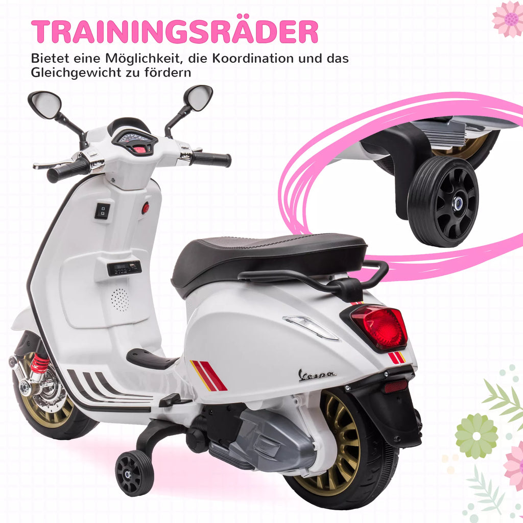 Elektrinis vaikiškas motociklas Vespa, 3 km/h, 3-6 metai, Muzika, Šviesos ir Radijas, Baltas