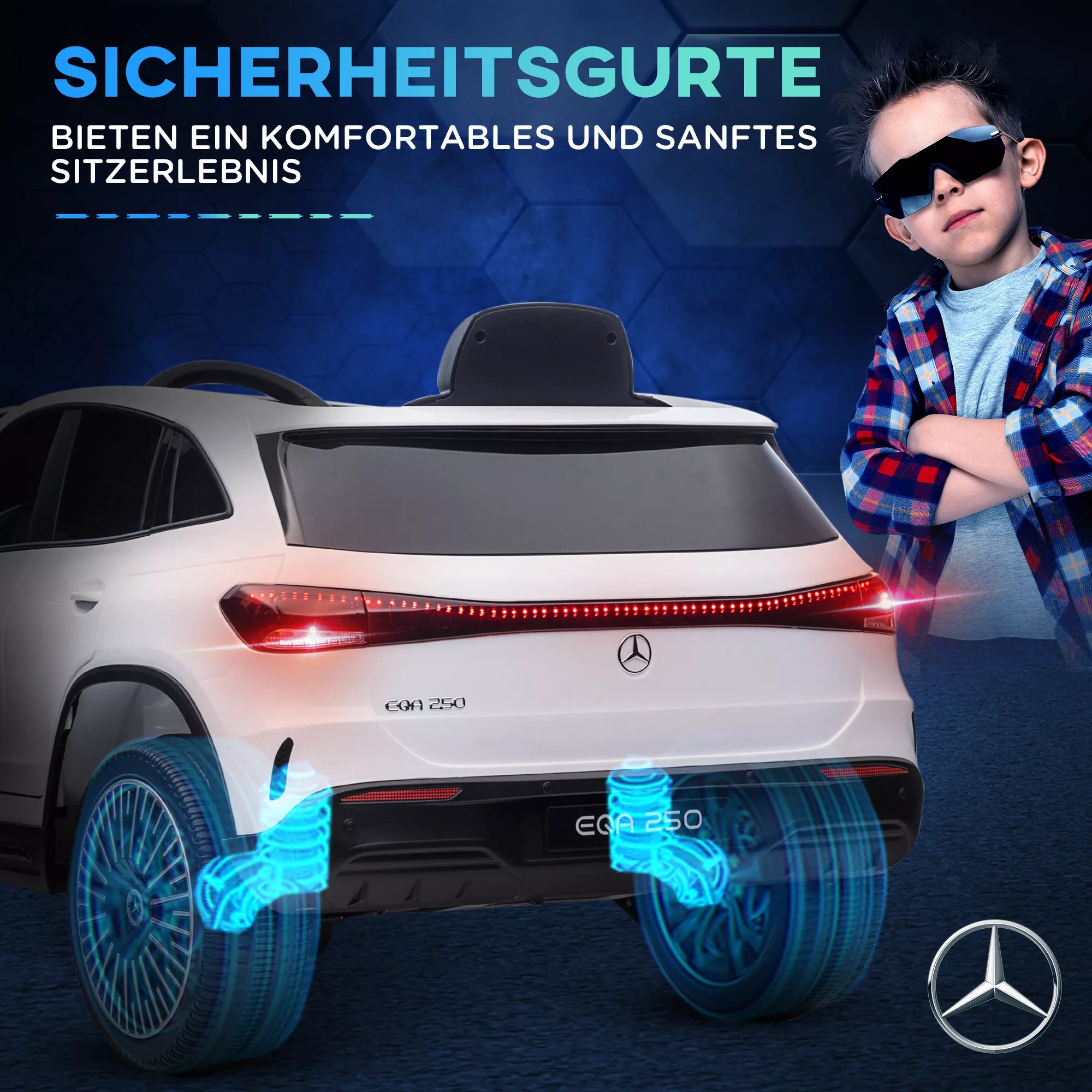 Elektrinis vaikų automobilis, licencijuotas „Mercedes-Benz EQA“, 3–8 km/h, muzika, žibintai, signalas, nuotolinis valdymas, baltas