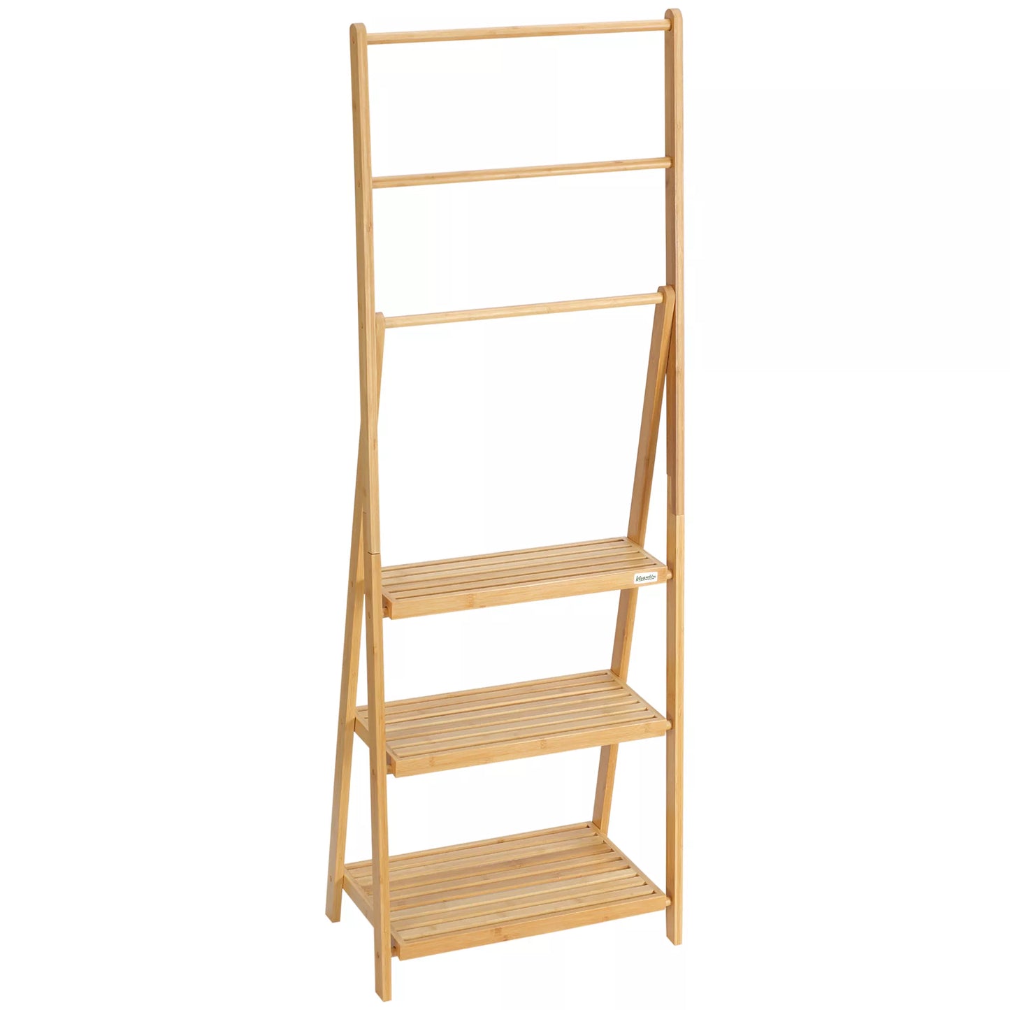 Sulankstomas bambuko stovas rankšluosčiams su lentynomis, 3 lentynos, 3 rankšluosčių laikikliai, 53 cm x 30,5 cm x 152 cm, natūralus