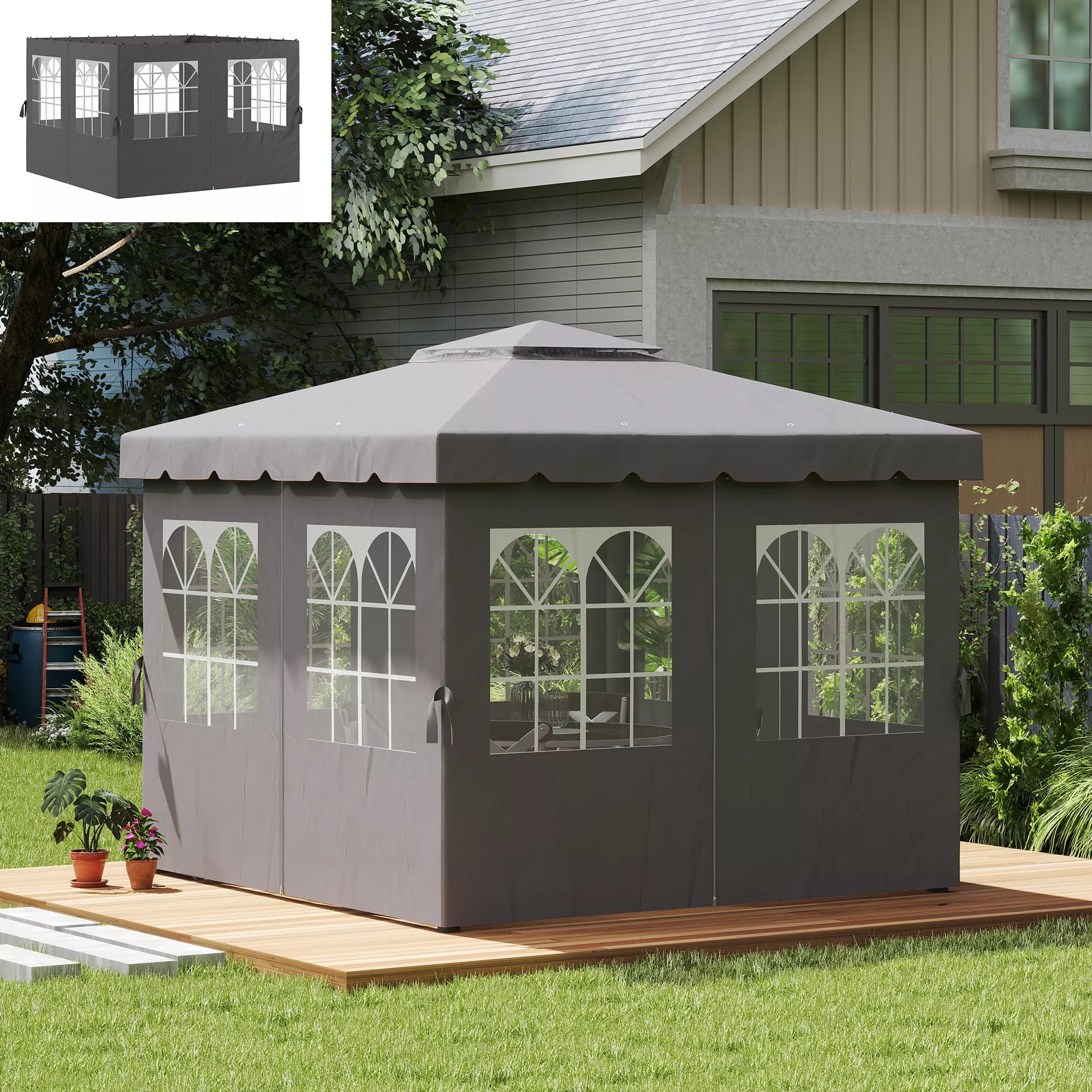Pavilion sienos, 4 sienų panelės sodo paviljonui, su užtrauktuku, 3 x 4 m paviljonas, tamsiai pilkos spalvos