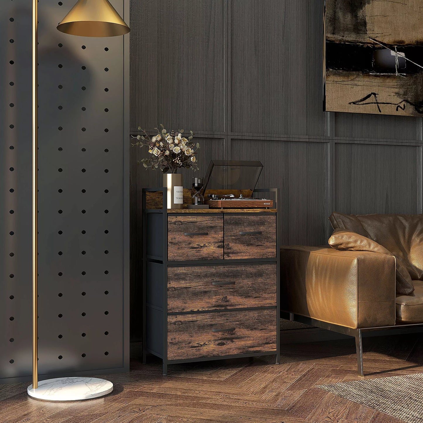 Komoda, spintelė, 4 audininiai stalčiai, industrialinis dizainas, 60x29x85cm, ruda/juoda