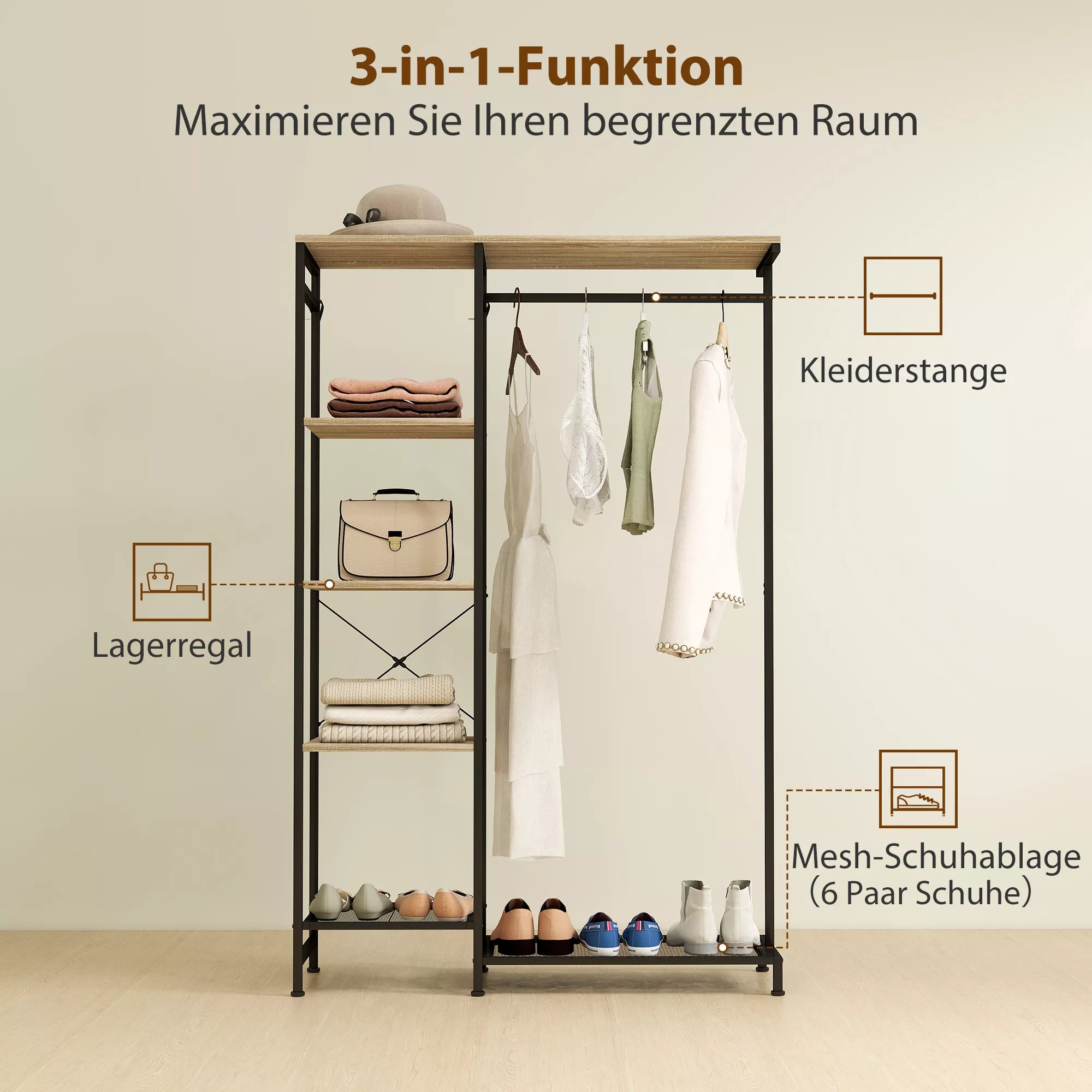 Infografika: kabykla su trimis funkcijomis – hanger juosta, lentynos, tinklinkė batų lentyna
