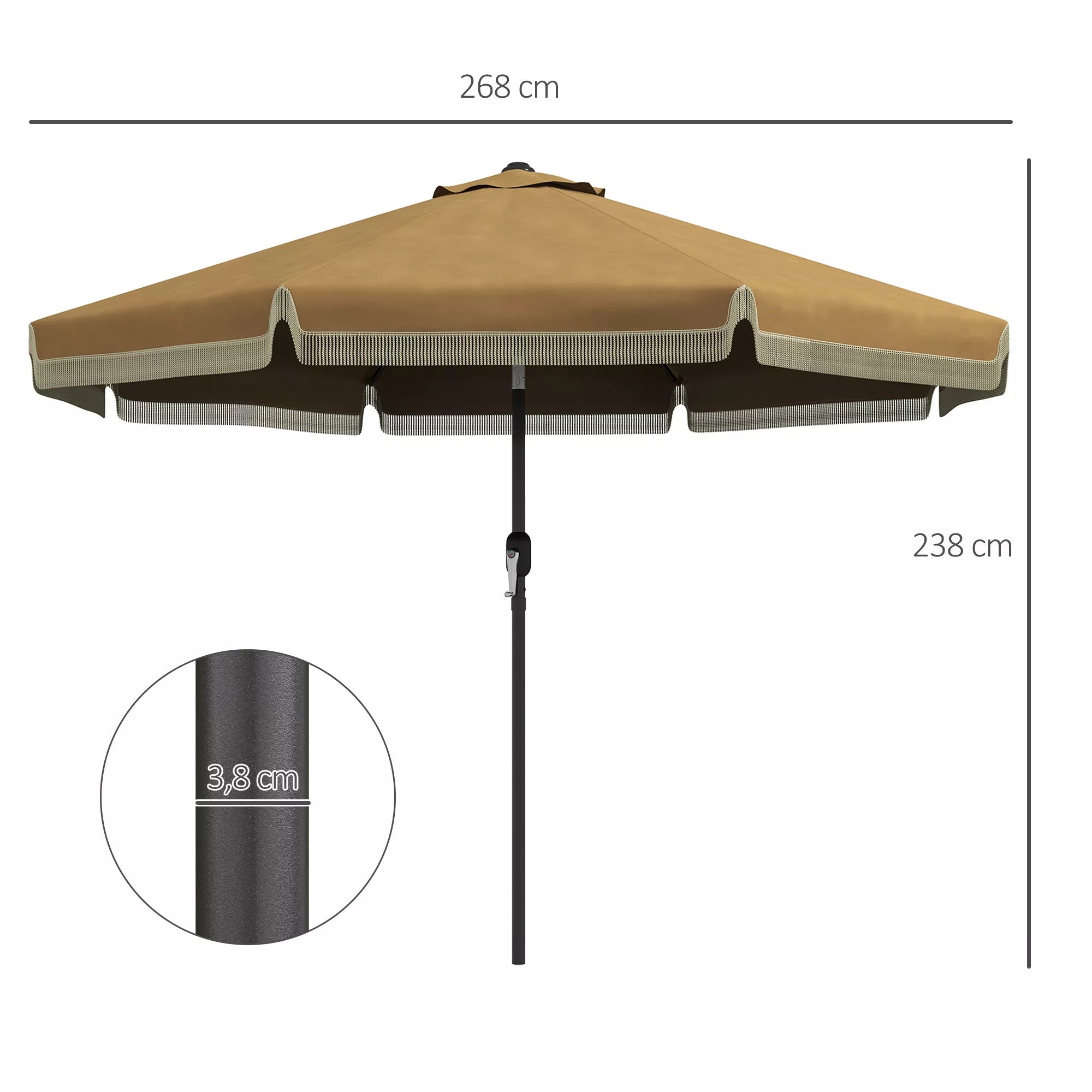Skėtis su kutais, Ø265 cm, reguliuojamas, dviejų dalių metalinis stiebas, vėjo gaubtas, chaki/juodas