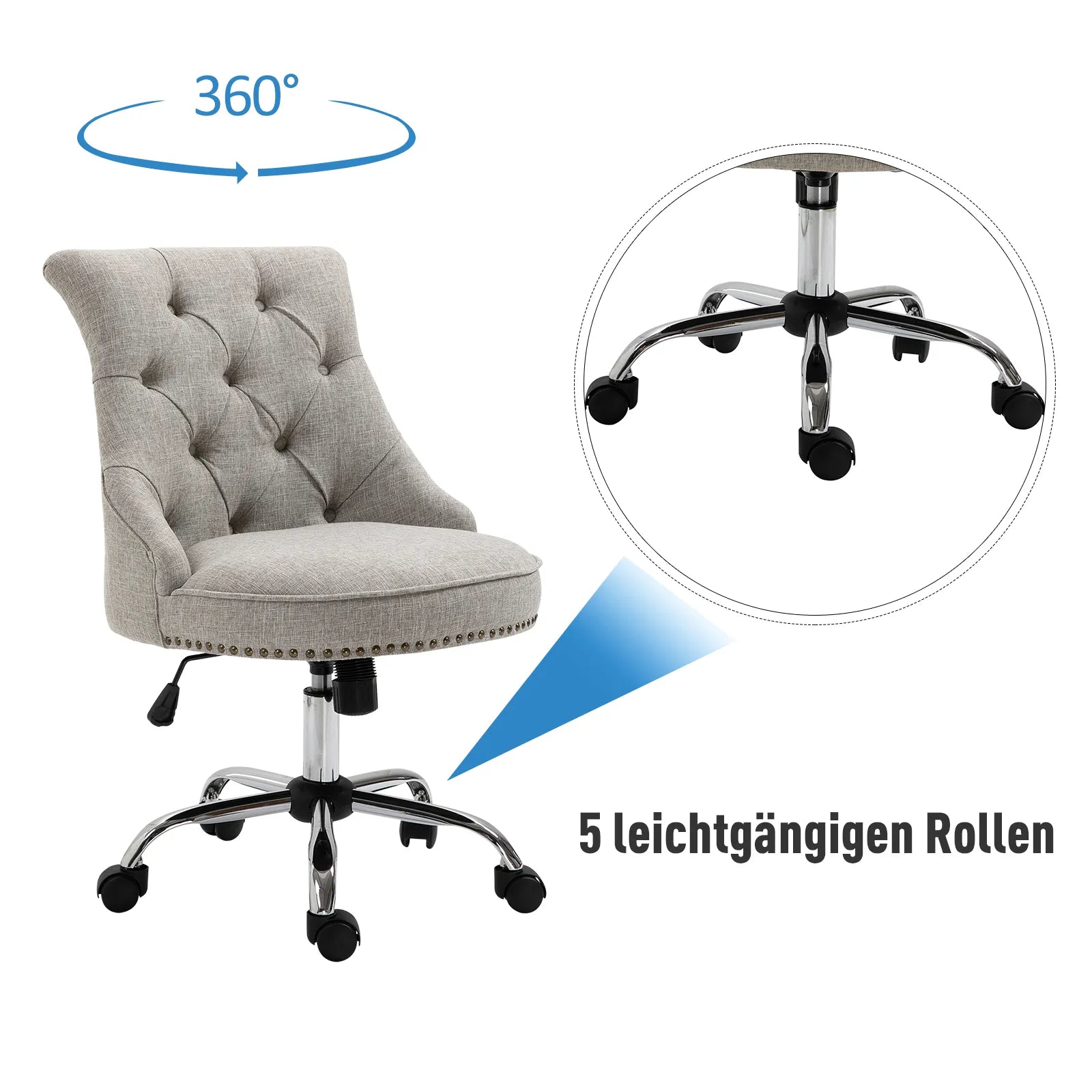 Pasukama biuro kėdė su ratukais, minkšta, 360° besisukanti, atlaiko iki 150 kg, reguliuojamas aukštis, linas, metalas, šviesiai pilka, 54 x 65,5 x (84–91) cm
