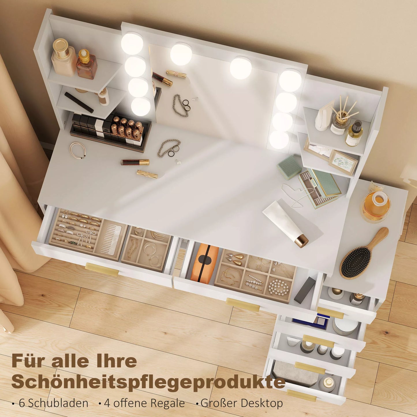 Kosmetinis staliukas su apšviečiamu veidrodžiu ir minkštu pufu, makiažo staliuko rinkinys, medis ir tekstilė, balta