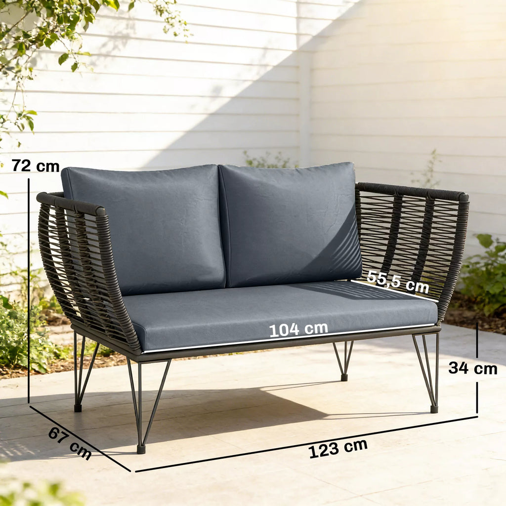 Sodo sofa su pagalvėlėmis, dvivietė sofa, lauko sofa, balkono sofa, rotango sofa, polirataniniai sodo baldai, 123 x 67 x 72 cm, šviesiai pilka