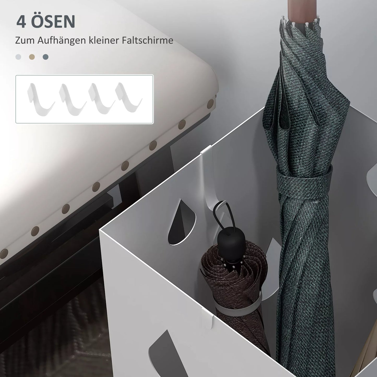 Skėčių stovas, 4 kabliukai, lašų padėklas, plienas, baltas