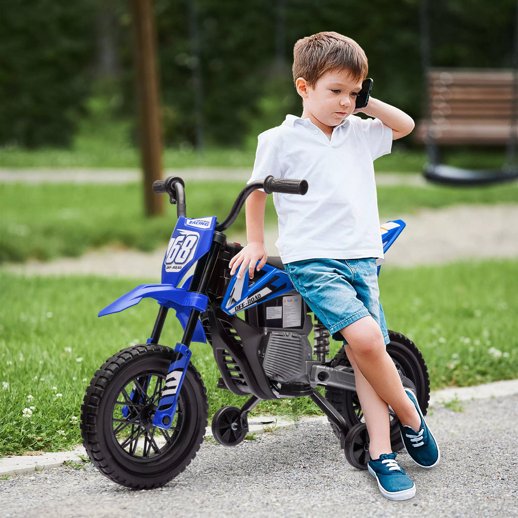 Vaikiškas elektrinis motociklas su pagalbiniais ratukais, 3–6 metų vaikams, mėlynas