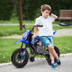 Vaikiškas elektrinis motociklas su pagalbiniais ratukais, 3–6 metų vaikams, mėlynas