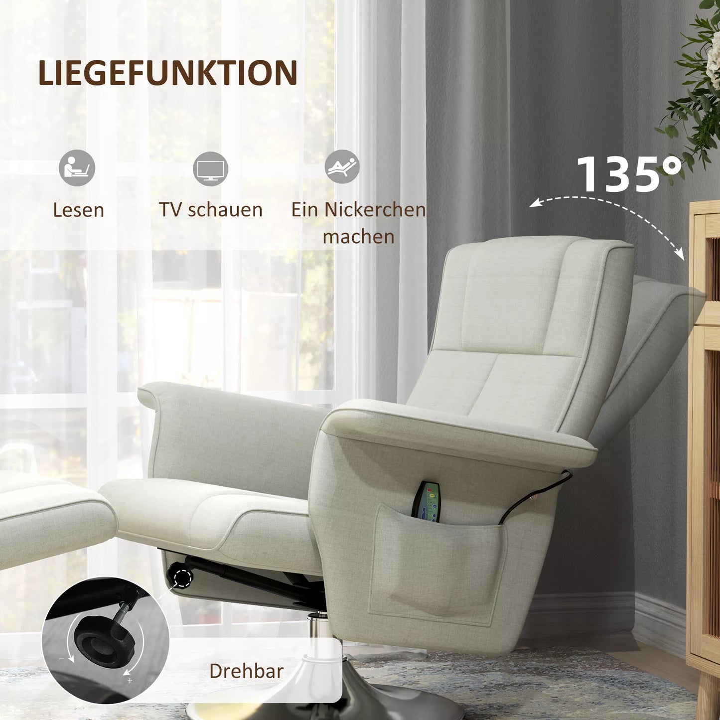 Masažinis krėslas su pakoja, atlenkiama atlošas, 78 x 95 x 88 cm, kreminės spalvos