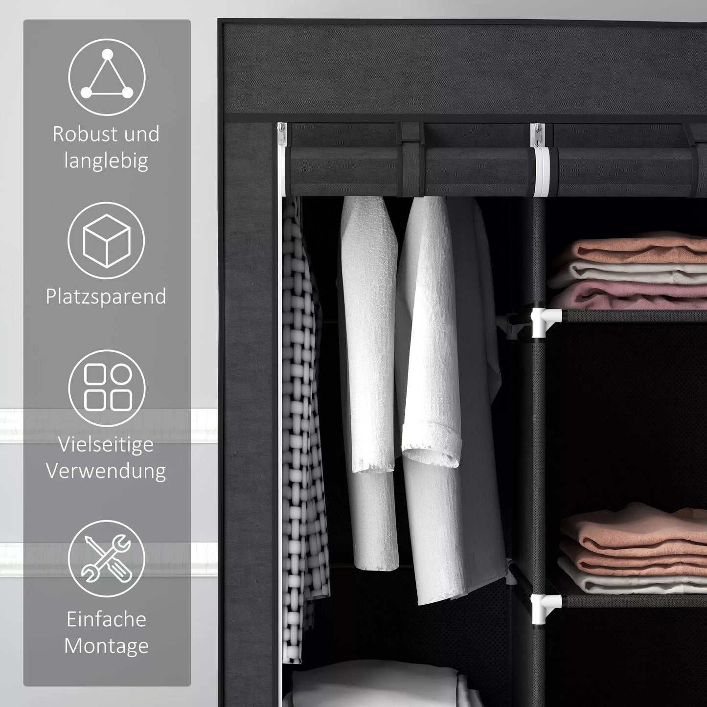 Audinio spinta, laikymo sprendimas, 8 lentynos, 2 drabužių kabyklos, Juoda