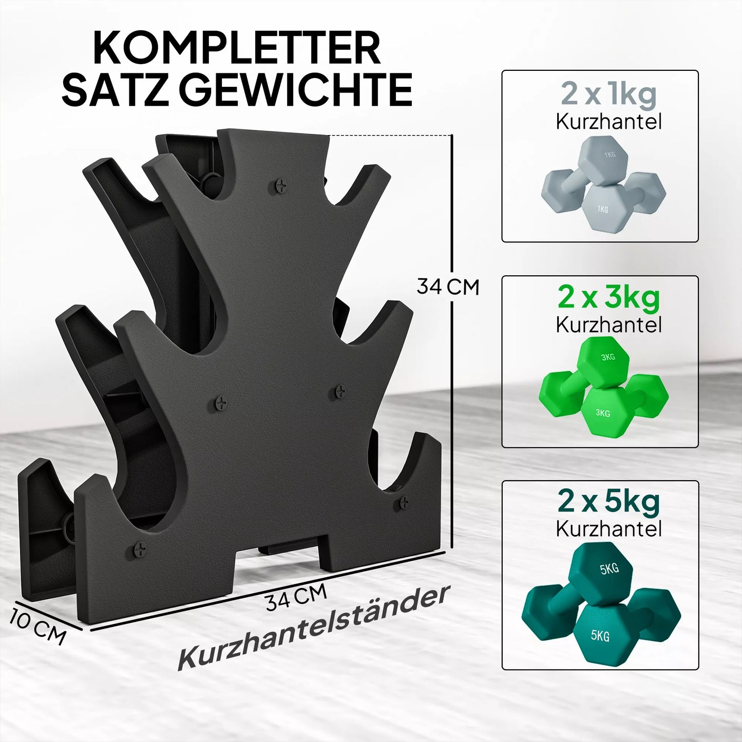 Hantelų rinkinys su laikymo stovu, rinkinys su 6 hanteliais fitneso treniruotėms, 2 x 1 kg, 2 x 3 kg, 2 x 5 kg