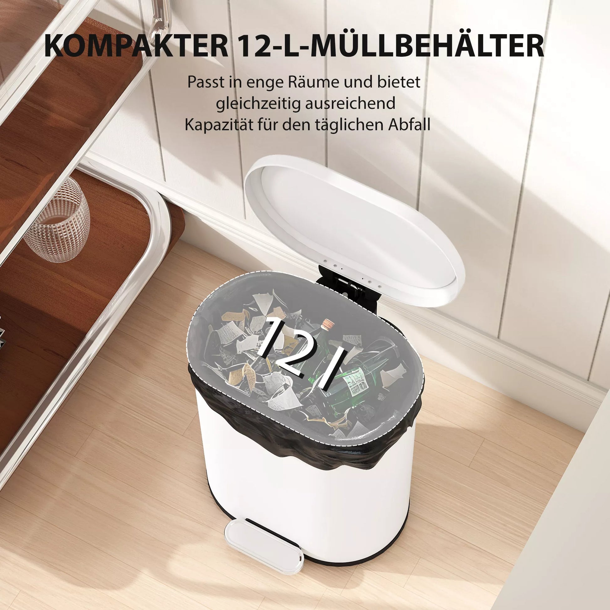 Šiukšliadėžė 12 l Pedalinė šiukšliadėžė su dangčiu, pedalu, vidiniu kibiru, „Soft-Close“ funkcija, 30 x 25,5 x 37,5 cm, balta