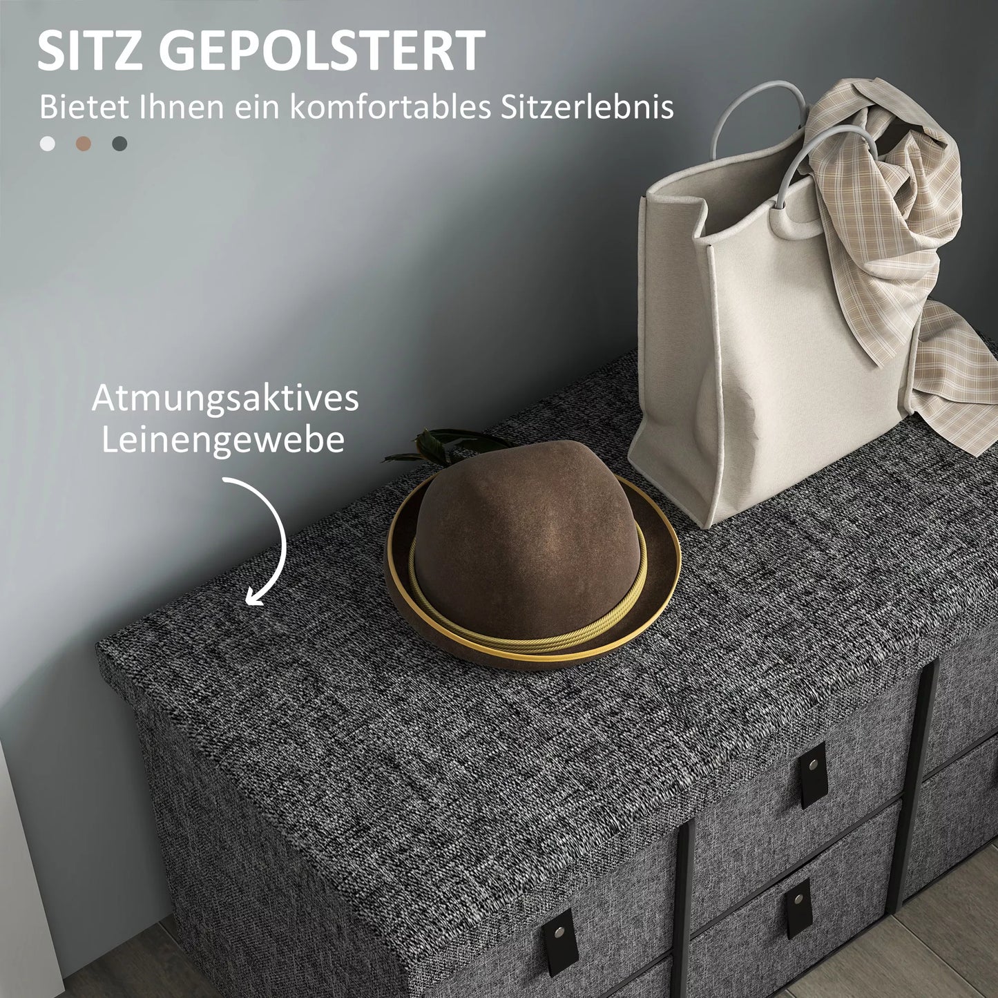 Paminkštinta batų suoliukų spintelė, 6 skyriai avalynei, MDF rėmas, lininės išvaizdos, pilka