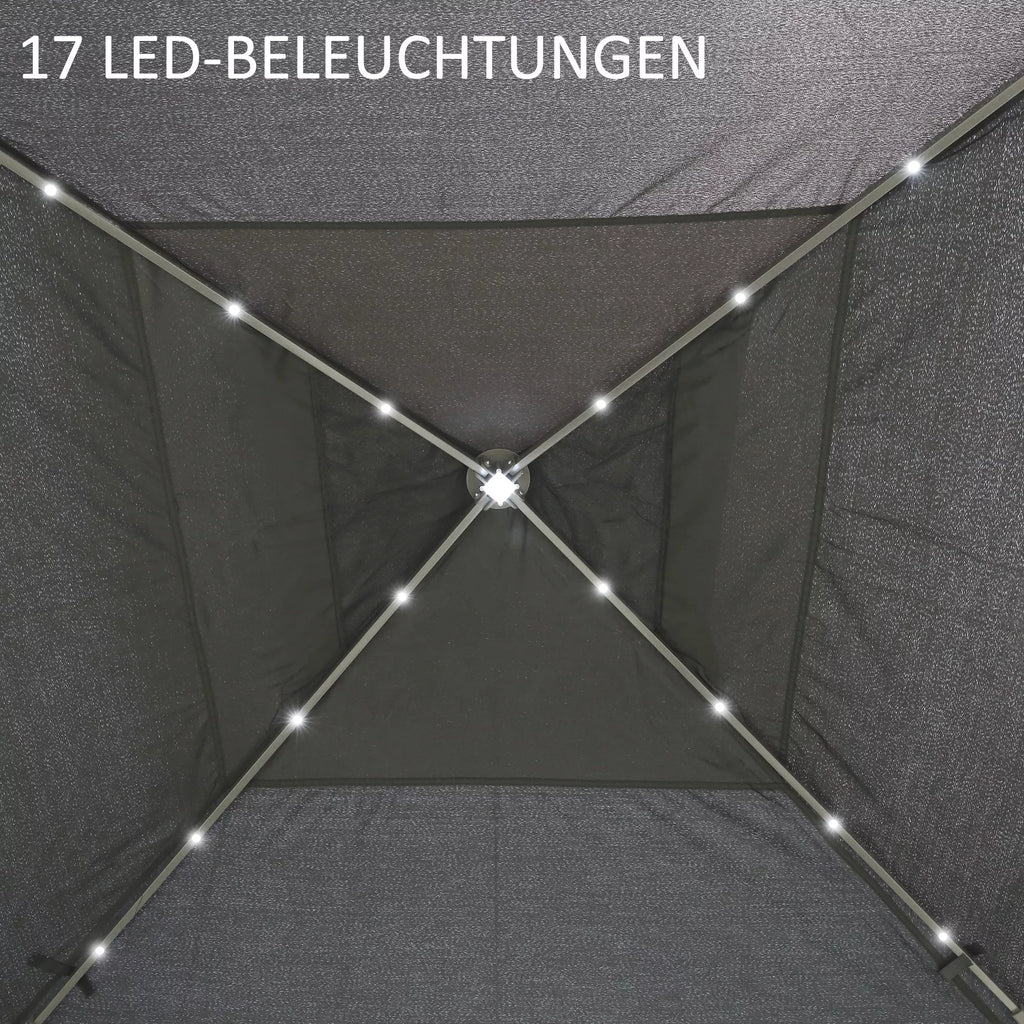 3,3 x 3,3 m sulankstomas paviljonas su LED apšvietimu, tinklinėmis užuolaidomis, nešimo krepšiu, pilkos spalvos