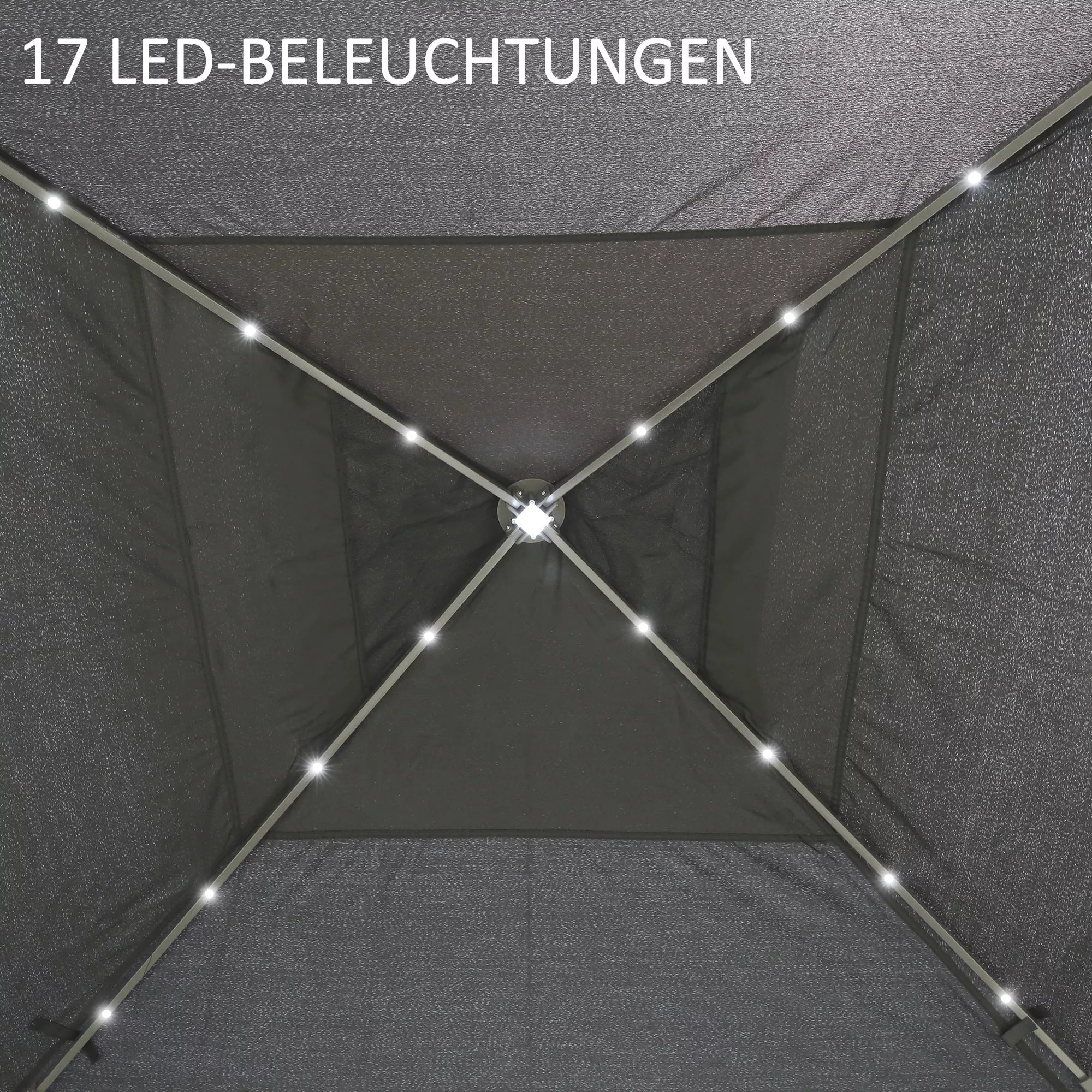 3,3 x 3,3 m sulankstomas paviljonas su LED apšvietimu, tinklinėmis užuolaidomis, nešimo krepšiu, pilkos spalvos