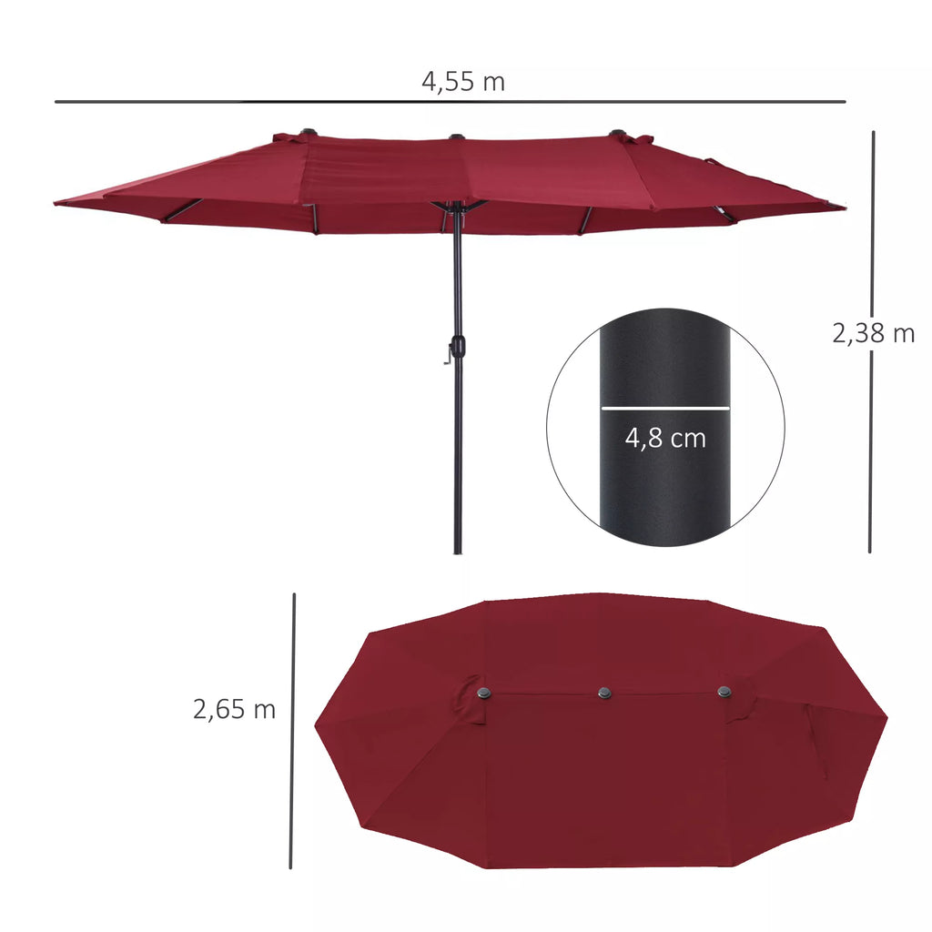 Dvigubas skėtis nuo saulės 455 x 270 cm Sodo skėtis su rankine ovalios formos tvirta metaline strypu Turgaus skėtis Dvigubas skėtis nuo saulės Terasos skėtis Apsauga nuo saulės paplūdimyje, balkone, terasoje, sode Vyno raudonos spalvos