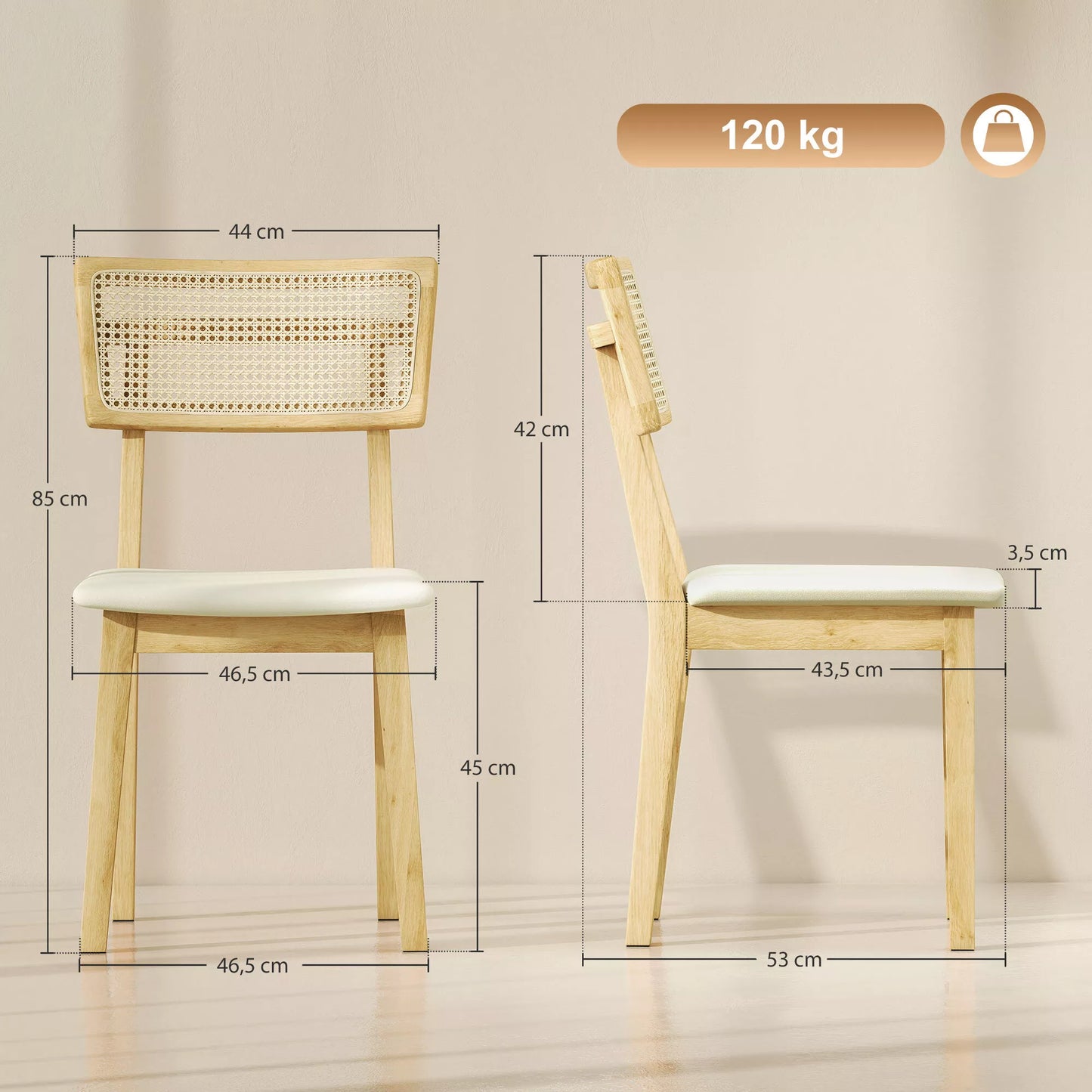 Valgomojo kėdė, rotango atlošas, dirbtinės odos sėdynė, guminmedžio mediena, natūralaus medžio