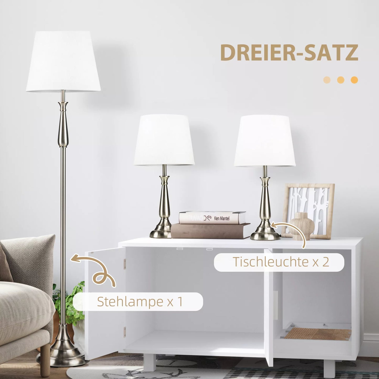 3 dalių vintažinio dizaino šviestuvų komplektas, 2 stalinės lempos, 1 pastatomas šviestuvas, 35,5 cm x 35,5 cm x 146 cm, Sidabrinė + Balta