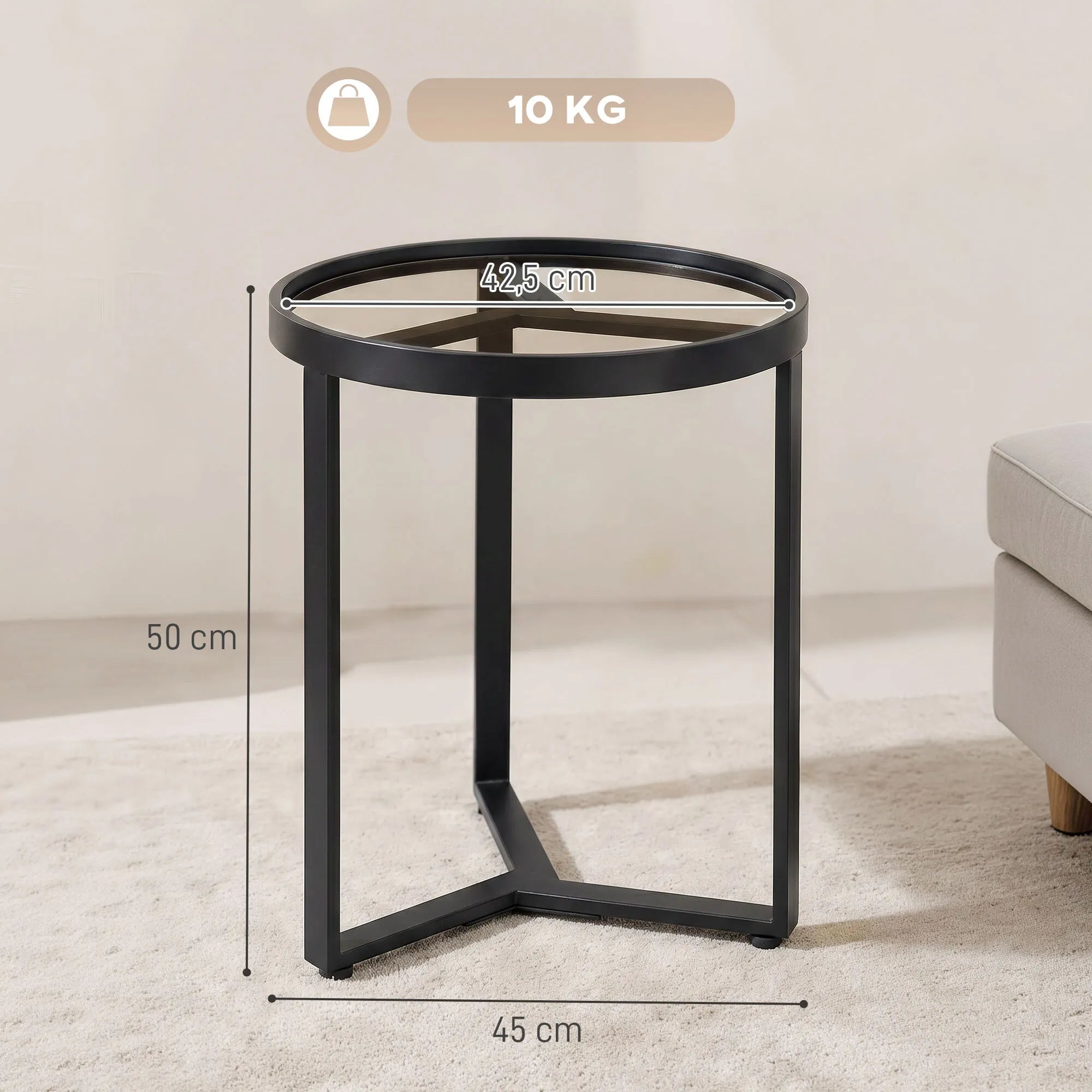 Matmenų schema: staliuko skersmuo 42,5 cm, aukštis 50 cm, svoris 10 kg