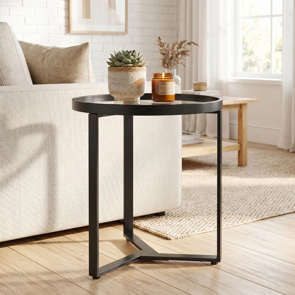 Pagalbinis staliukas su stiklu ir metaline koja, 45 cm, juodas