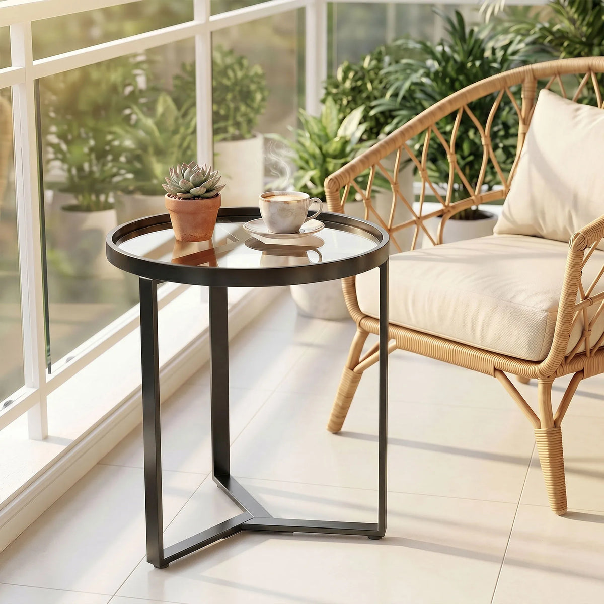 Pagalbinis staliukas su stiklu ir metaline koja, 45 cm, juodas