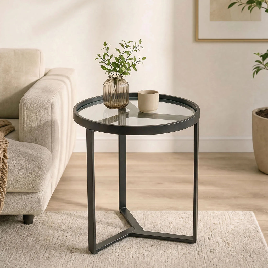 Pagalbinis staliukas su stiklu ir metaline koja, 45 cm, juodas