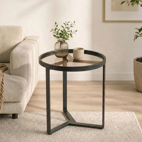 Pagalbinis staliukas su stiklu ir metaline koja, 45 cm, juodas