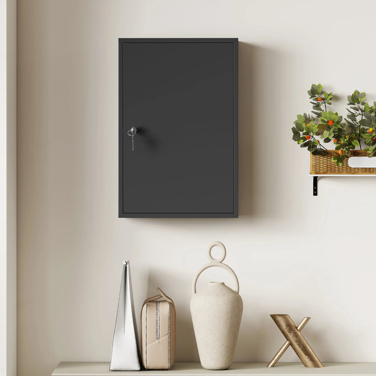 Pakabinama vaistinėlė su 3 lentynomis ir 2 raktais, 40 × 18 × 60 cm, juoda