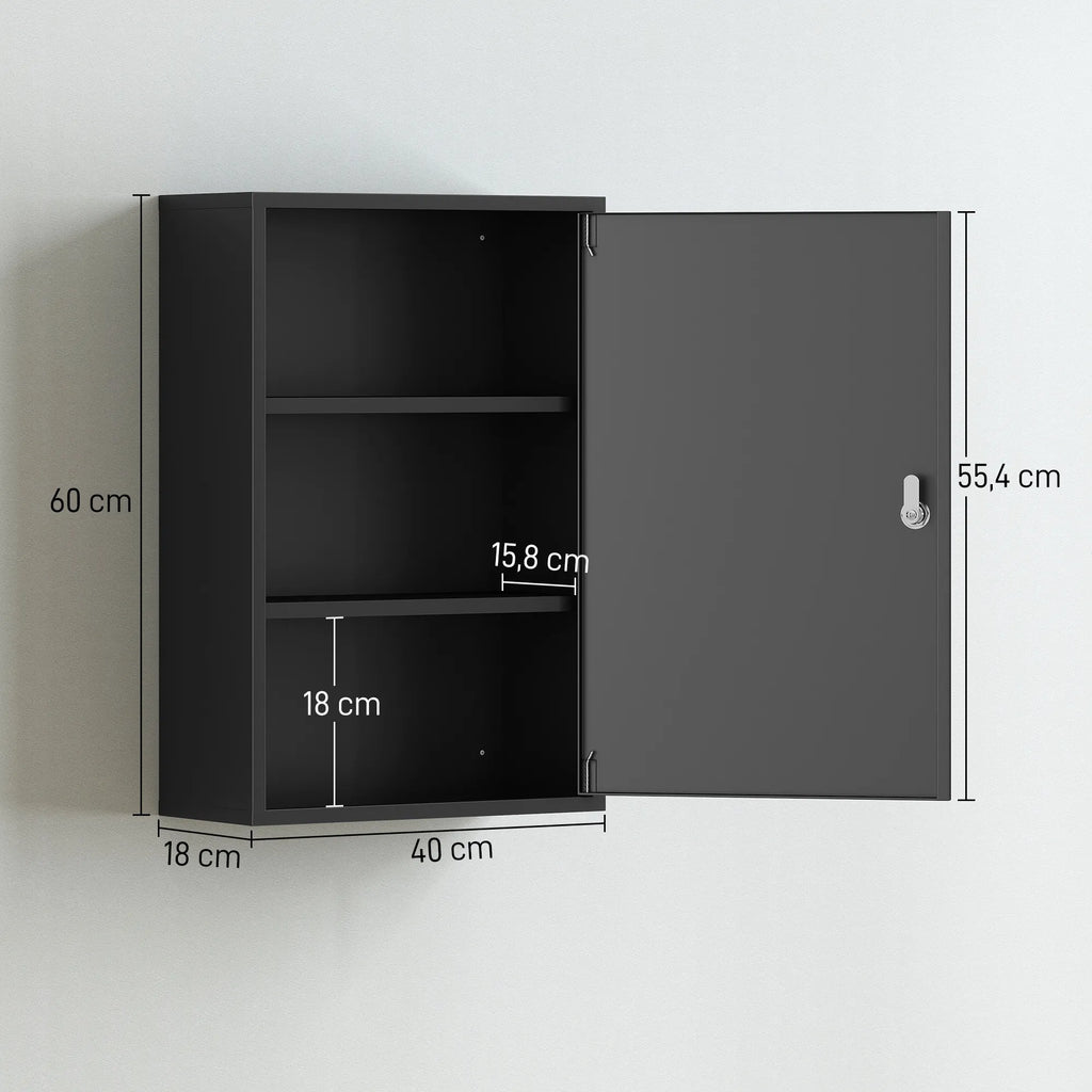 Pakabinama vaistinėlė su 3 lentynomis ir 2 raktais, 40 × 18 × 60 cm, juoda