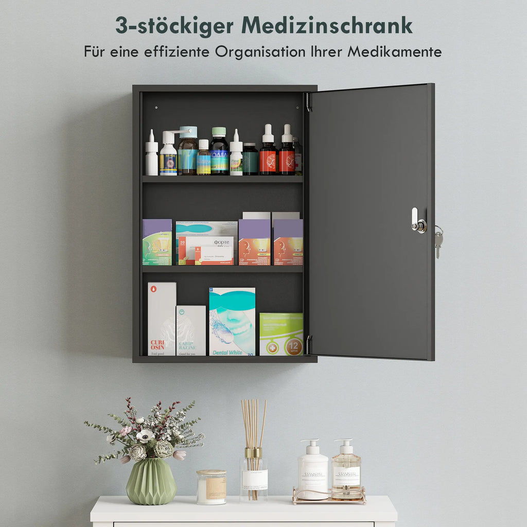 Pakabinama vaistinėlė su 3 lentynomis ir 2 raktais, 40 × 18 × 60 cm, juoda