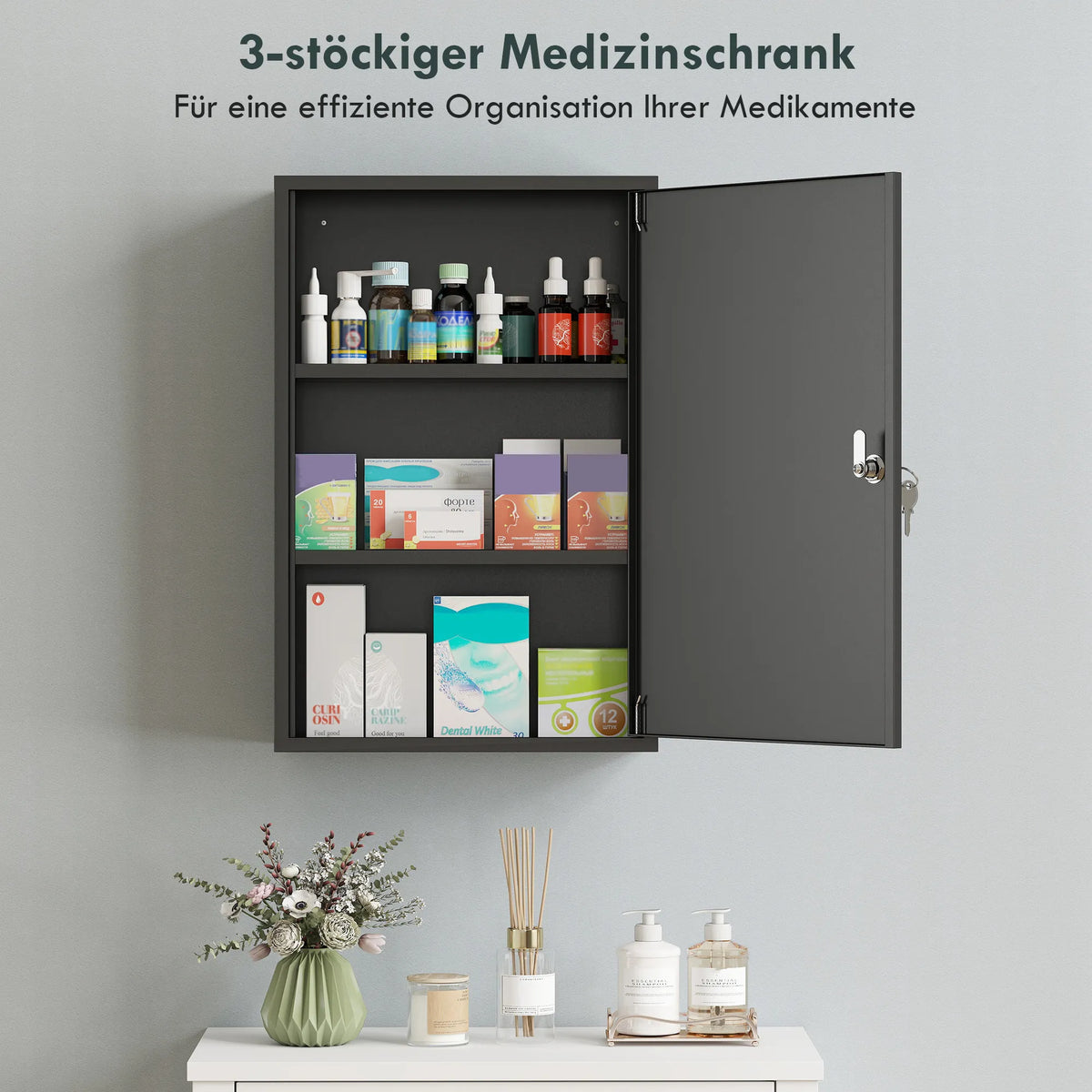 Pakabinama vaistinėlė su 3 lentynomis ir 2 raktais, 40 × 18 × 60 cm, juoda