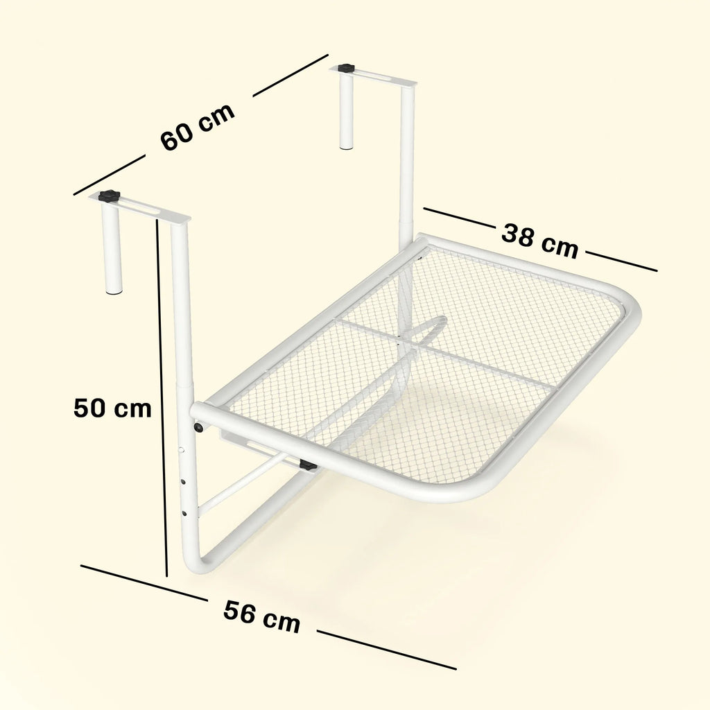 Pakabinamas balkono stalas metalinis 60x56 cm reguliuojamo aukščio baltas