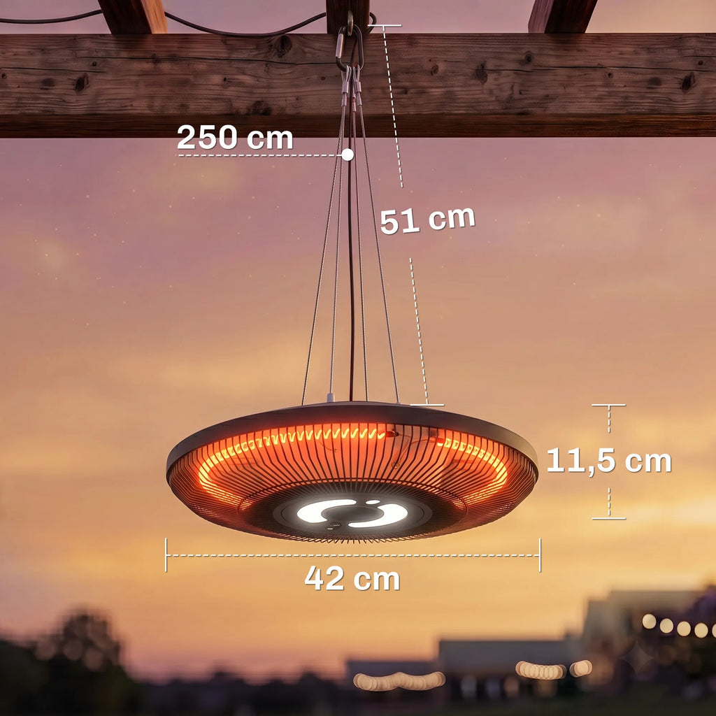 Šildytuvo matmenų schema: skersmuo 42 cm, aukštis 11,5 cm, pakabinimo ilgis 250 cm