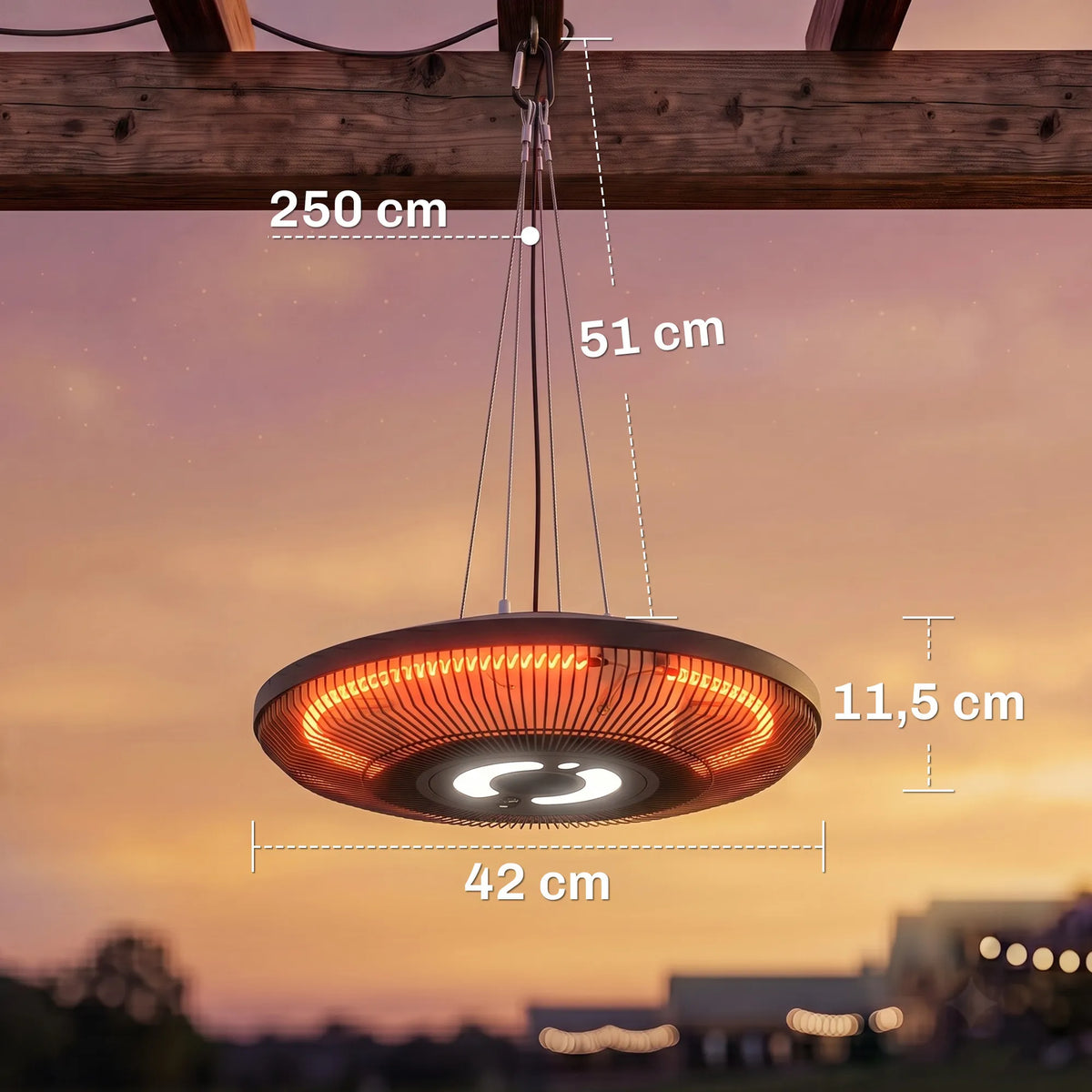 Šildytuvo matmenų schema: skersmuo 42 cm, aukštis 11,5 cm, pakabinimo ilgis 250 cm
