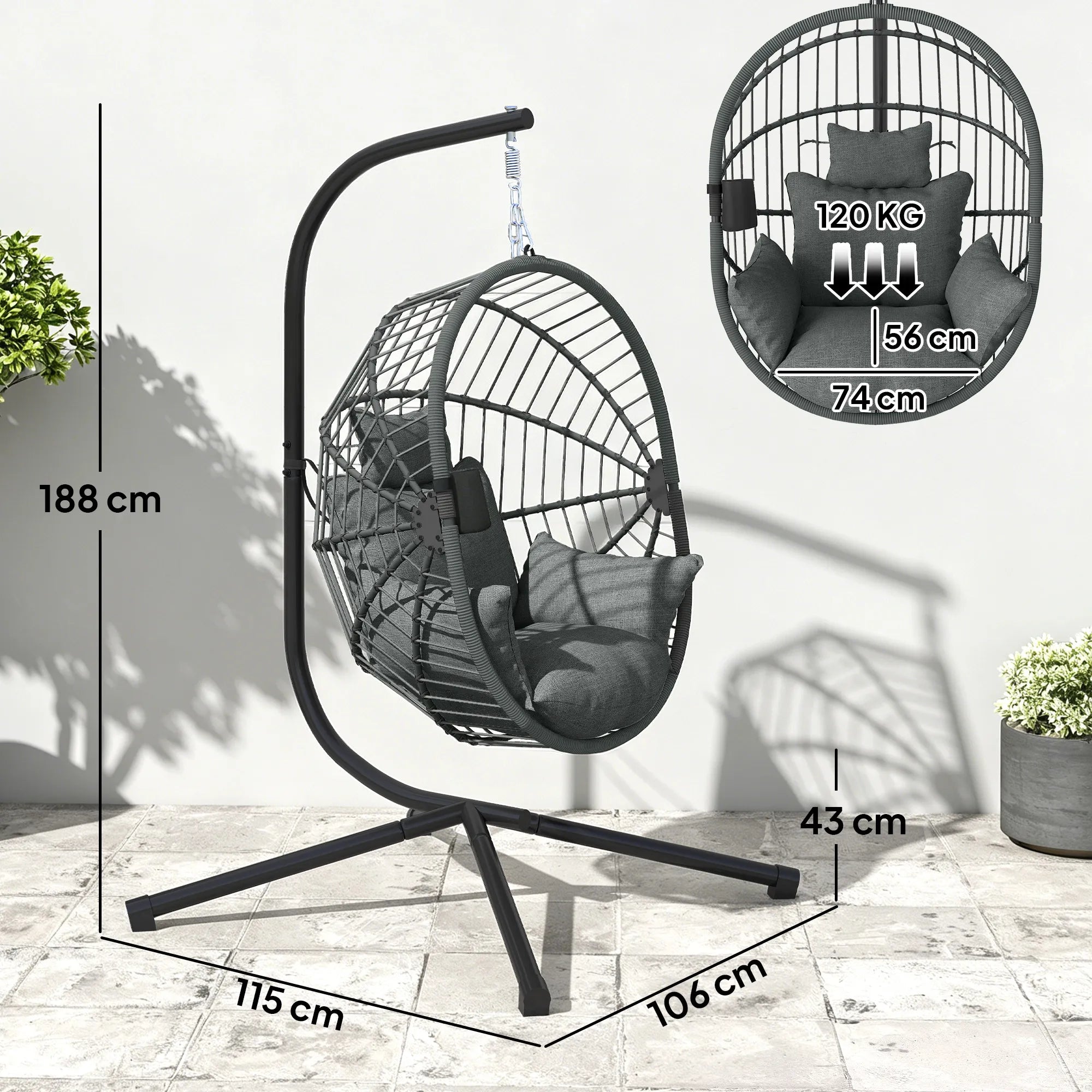 Pakabinamas krėslas sulankstomas, iki 120 kg, pilkas