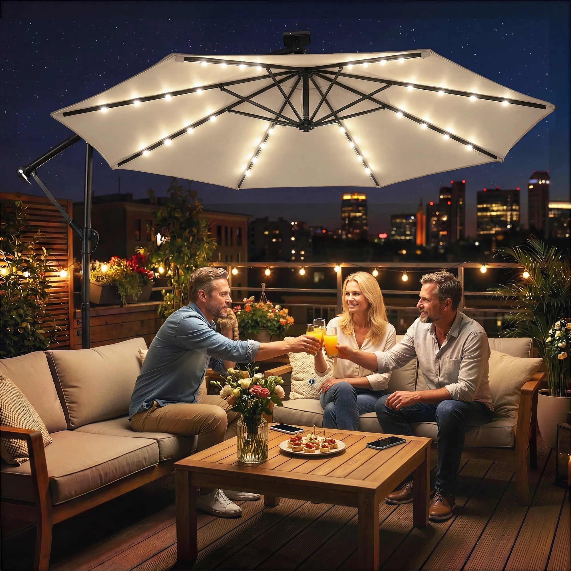 Pakabinamas saulės skėtis su LED apšvietimu 300 cm smėlio spalvos