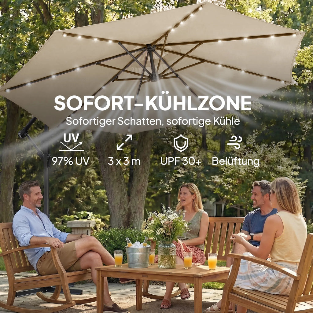Pakabinamas saulės skėtis su LED apšvietimu 300 cm smėlio spalvos