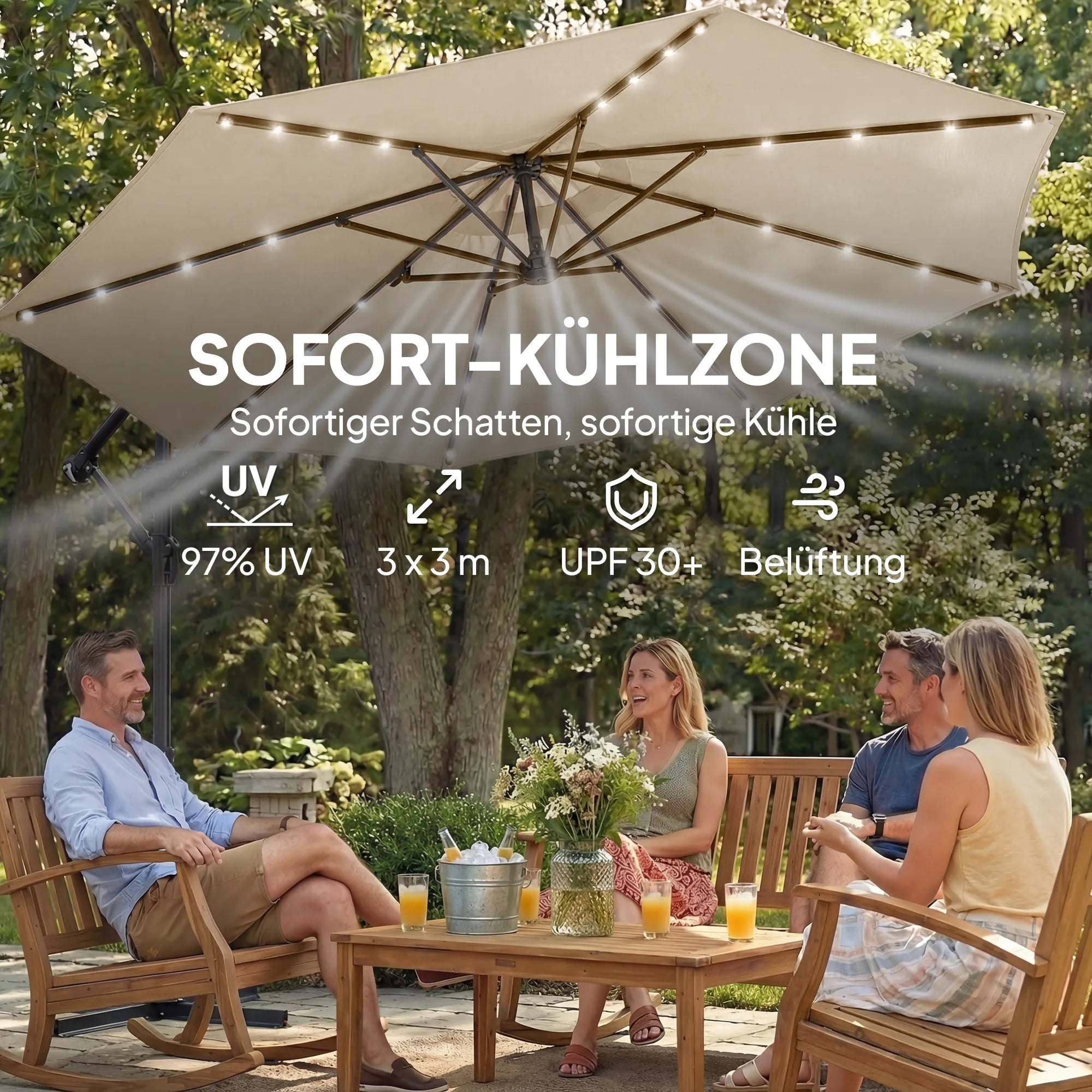 Pakabinamas saulės skėtis su LED apšvietimu 300 cm smėlio spalvos