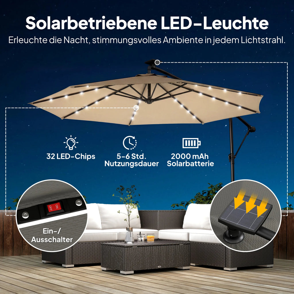 Pakabinamas saulės skėtis su LED apšvietimu 300 cm smėlio spalvos