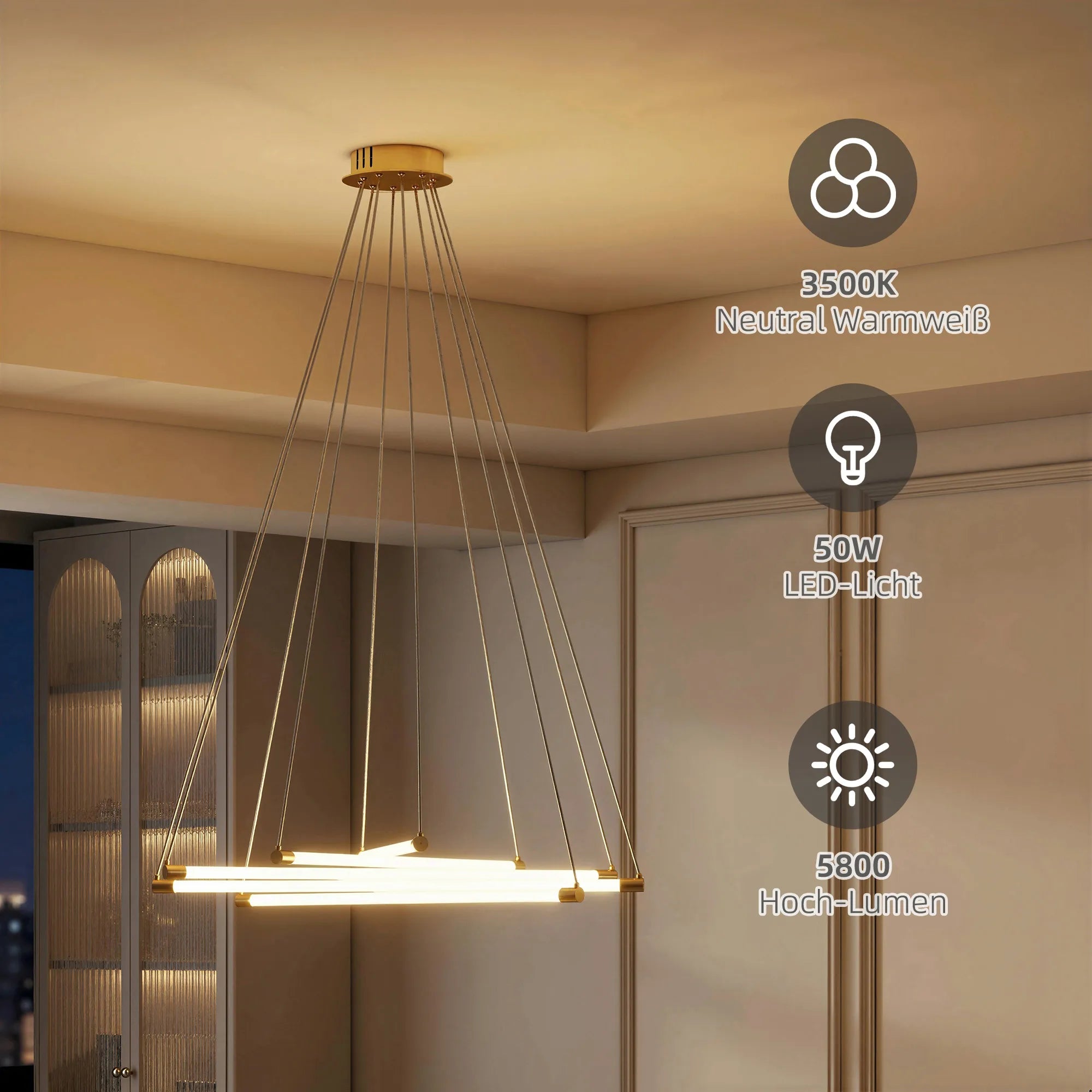 Pakabinamas šviestuvas LED, 50 W, reguliuojamas, aukso ir baltos spalvos