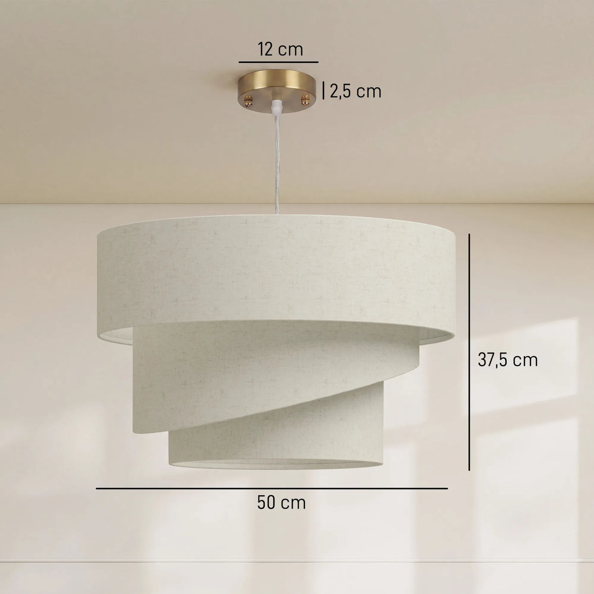 Šviestuvo matmenų schema: 50 cm plotis, 37,5 cm aukštis, 12 cm tvirtinimo skersmuo