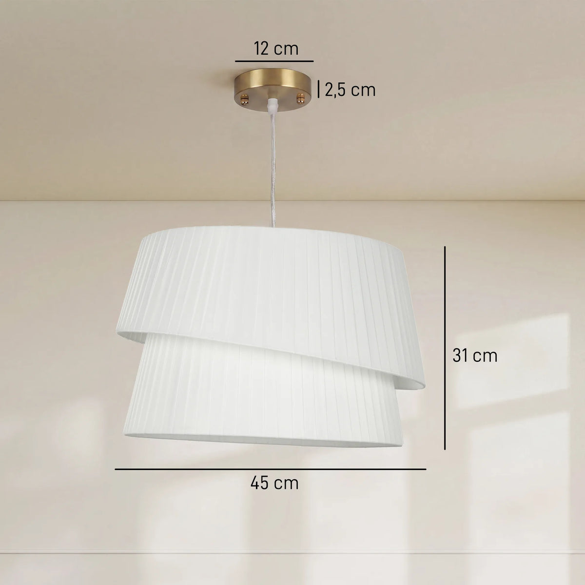 Pakabinamo šviestuvo matmenų schema: 45 cm pločio, 31 cm aukščio
