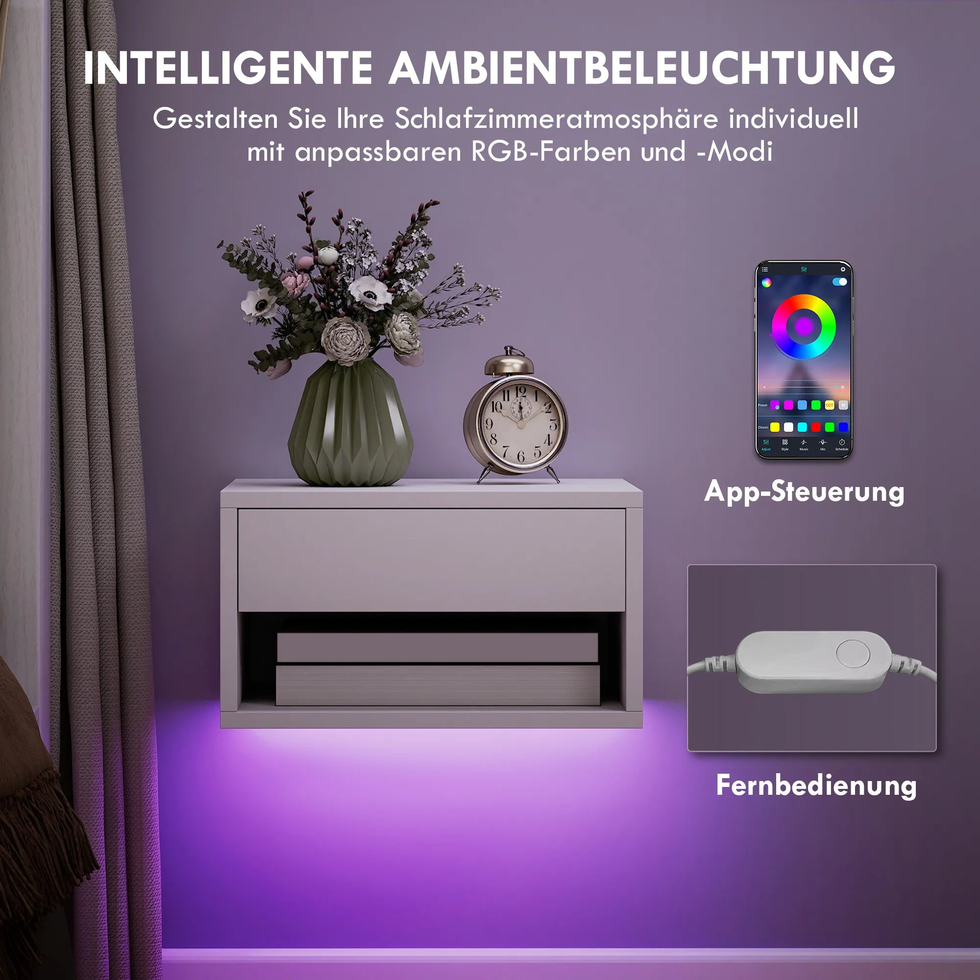 Pakabinami naktiniai staleliai 2 vnt. su RGB LED apšvietimu balti