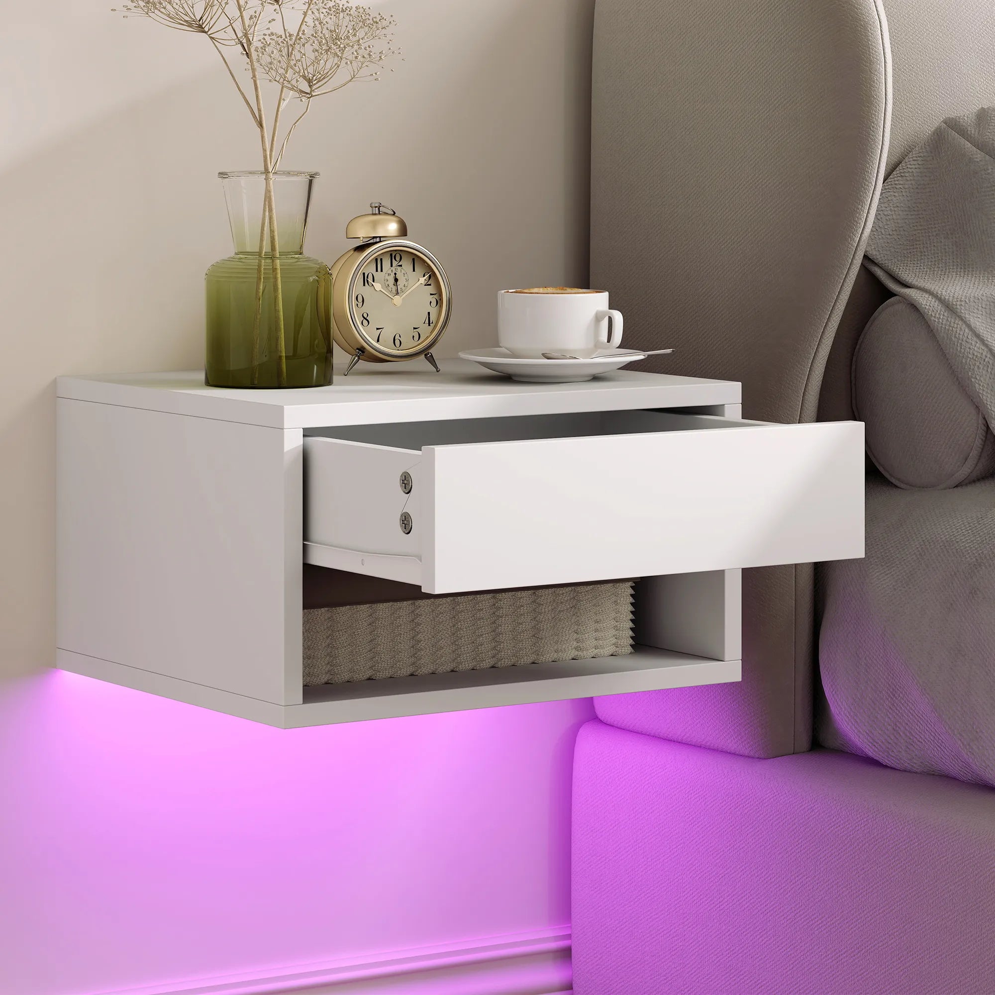 Pakabinami naktiniai staleliai 2 vnt. su RGB LED apšvietimu balti