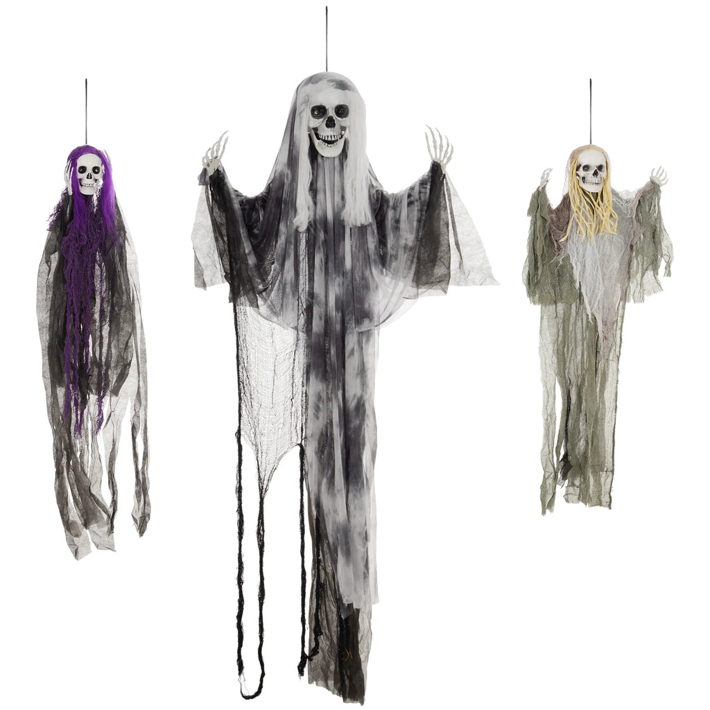 Pakabinamų skeletų-vaiduoklių rinkinys, 3 vnt., helovino dekoracija, 90/110/200 cm